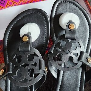 Tory Burch Flat Black Miller Sandals with Gold Hardware -- Still In Box, NWOT